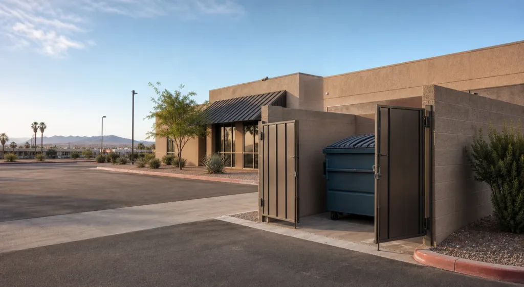 Clean business dumpster enclosure near a desert Southwest office for Bin Butler office-to-bin service
