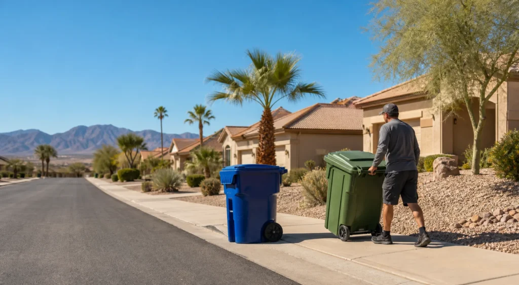 The Bin Butler rolling blue and green carts to the curb in a Mohave County desert neighborhood