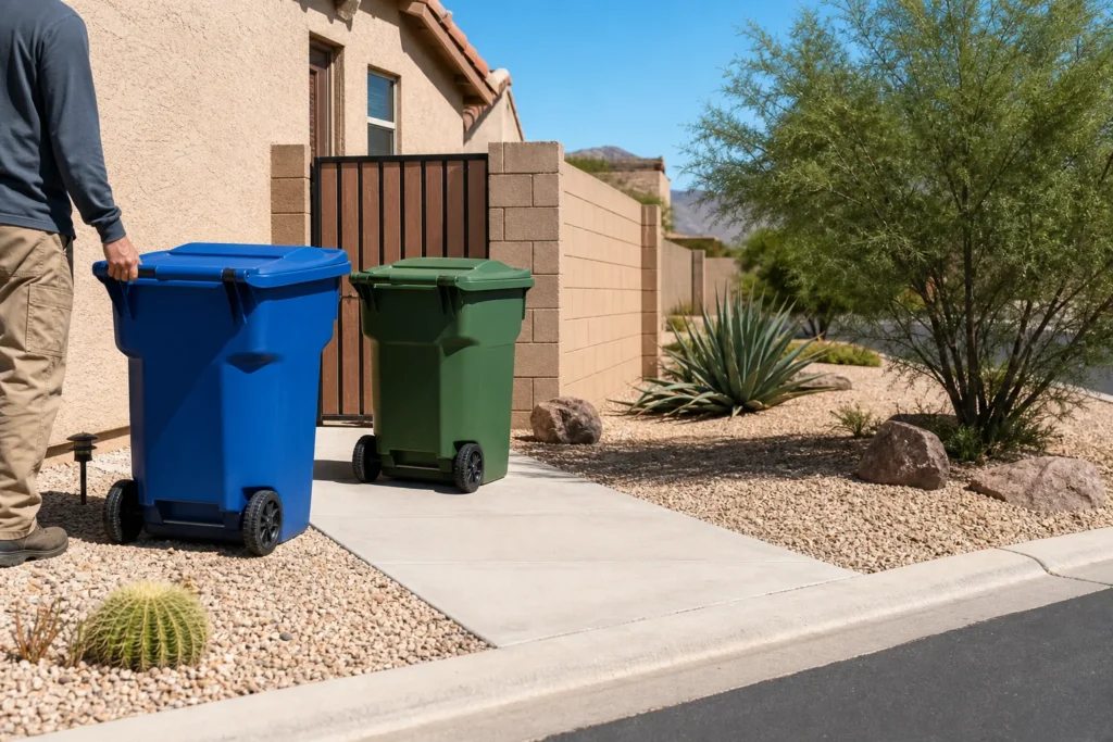 Blue and green trash carts staged near a side yard gate for Bin Butler curb service